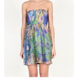 Anthropologie TIBI Dress 8 Silk Green Blue Yellow Strapless W Bra Summer